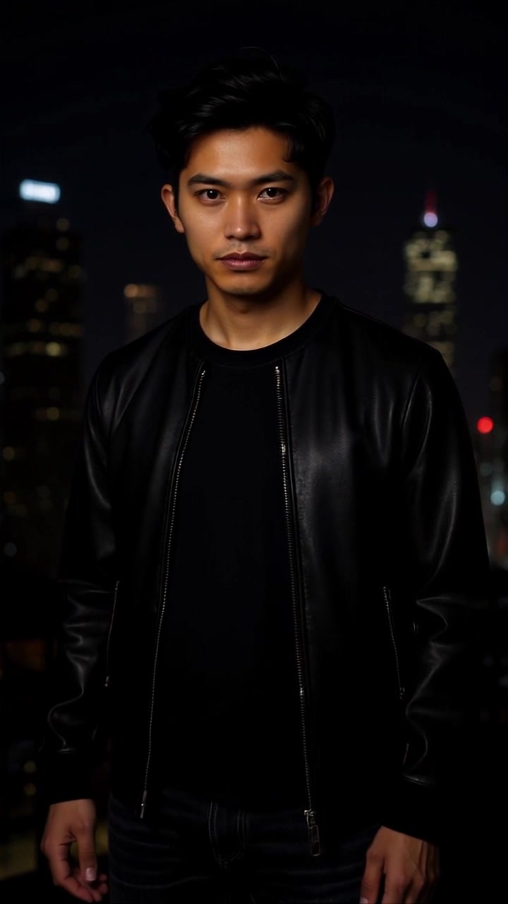 Subject: A young man with dark hair in a black leather jacket. Subject movement: He shifts slightly against the backdrop of a vibrant nighttime cityscape, exuding a sense of confidence. Scene: Urban environment illuminated by neon lights and bustling streets, conveying a dynamic city vibe. Style: The lighting is dramatic with contrasting shadows and highlights enhancing the textures of the city. Motion: The camera performs a slow tracking shot circling around him, emphasizing his serious demeanor while capturing the lively surroundings.