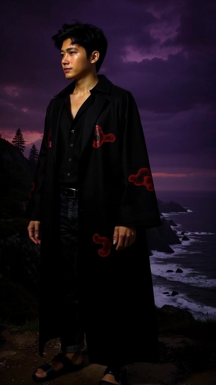 Subject: A figure standing confidently at the edge of a cliff. Subject movement: The figure gazes contemplatively at the horizon as the wind gently ruffles their clothes. Scene: Majestic cliffside overlooking turbulent ocean waves crashing below, with a dramatic skyline in the background. Style: Soft, ambient twilight lighting casting a serene glow over the scene. Motion: The camera slowly pushes in from behind the figure, revealing the expansive sea and horizon while capturing the sense of solitude and wonder.
