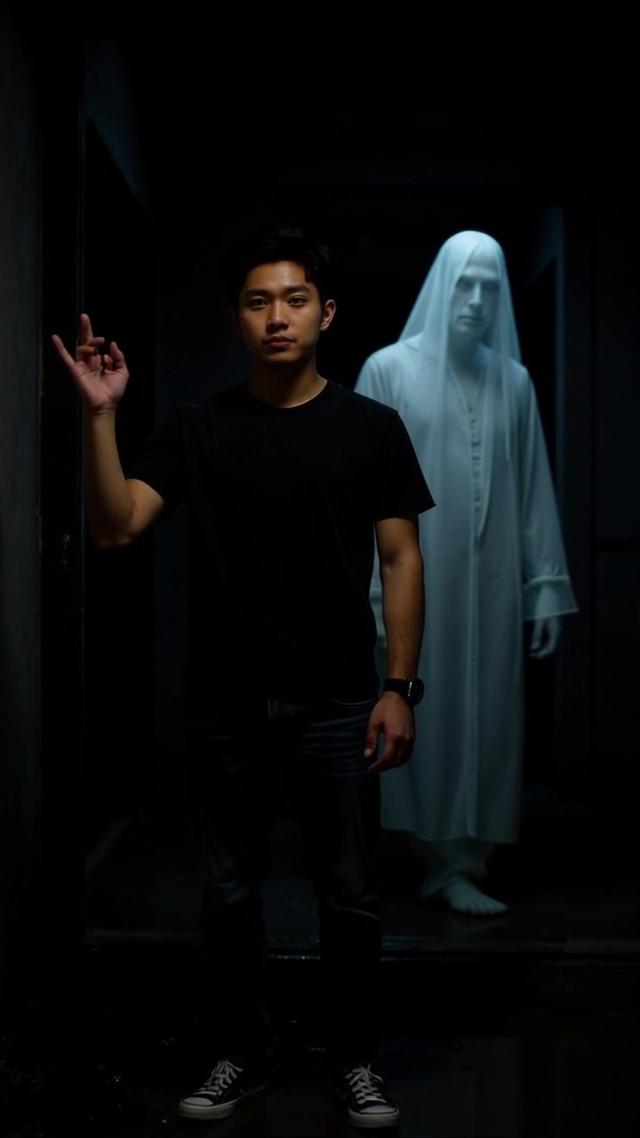 Subject: A young man stands in a dimly lit hallway, hand raised in a subtle gesture. Scene: The eerie hallway is shrouded in shadow, with a ghostly figure draped in white robes looming behind him, enhancing the haunting atmosphere. Lighting: Soft, ambient light barely illuminates the space, casting elongated shadows. Motion: The camera slowly pushes in towards the young man, heightening tension as the ghostly figure appears to shimmer and shift behind him.