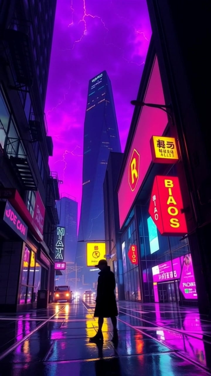 Scene: A dark alley illuminated by vibrant neon lights, casting strong contrasts between light and shadow, creating a tense atmosphere. Style: Moody lighting enhances the drama of the scene, with flickering neon reflecting off wet pavement. Motion: Camera glides smoothly down the alley, revealing hidden corners and subtle movements in the shadows, heightening the suspense.