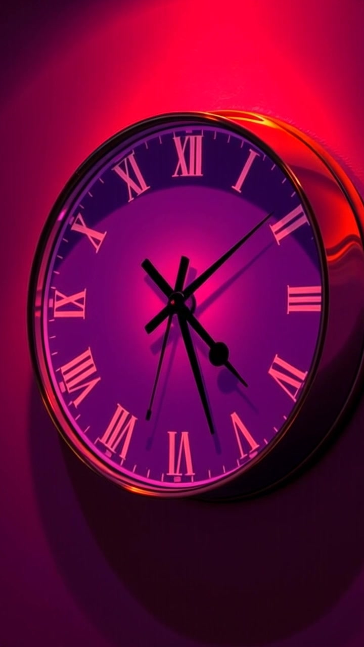 Scene: A clock mounted on a wall, its hands spinning rapidly, symbolizing the swift passage of time. Style: Soft ambient lighting that highlights the textures of the wall and the clock face. Motion: The camera gently zooms in on the clock, creating a surreal feeling as the hands whirl, while the background subtly blurs to emphasize the timepiece.