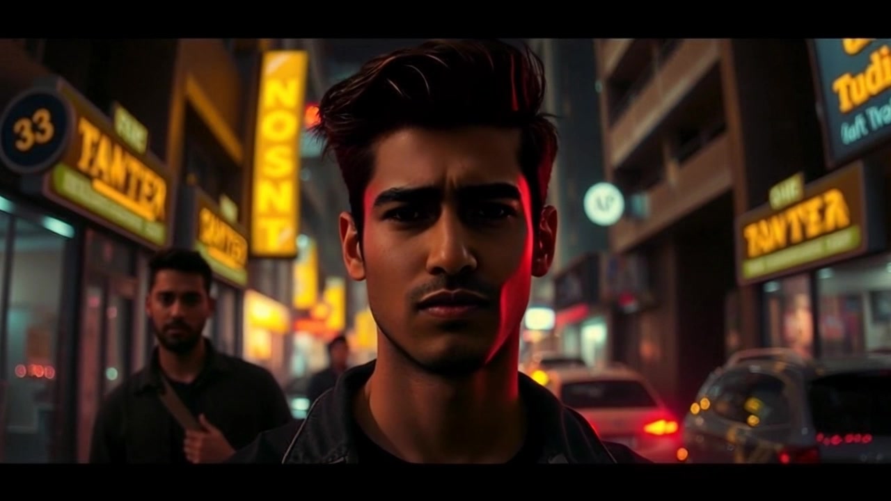 Scene: A shadowy street where a figure fades into darkness, surrounded by deep shadows and dim streetlights. Style: Low-key lighting creates a dramatic atmosphere with stark contrasts between light and dark. Motion: Camera slowly pans along the dark street, capturing the eerie stillness, then gently zooms toward the fading figure, heightening the sense of mystery.