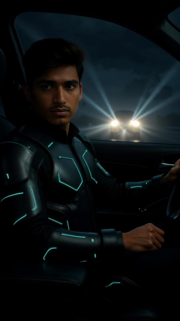 Subject: A young man in a futuristic black suit with glowing blue lines. Subject movement: He shifts slightly in his seat, glancing sideways as headlights from an approaching vehicle illuminate the dark interior of the car. Scene: Inside the sleek, modern car at night, with high-tech designs surrounding him. Style: Ambient lighting from the car's dashboard and the bright headlights creating dramatic contrasts. Motion: The camera performs a smooth push-in towards the man's face, capturing his focused expression, while the glow from the dashboard reflects on his suit.