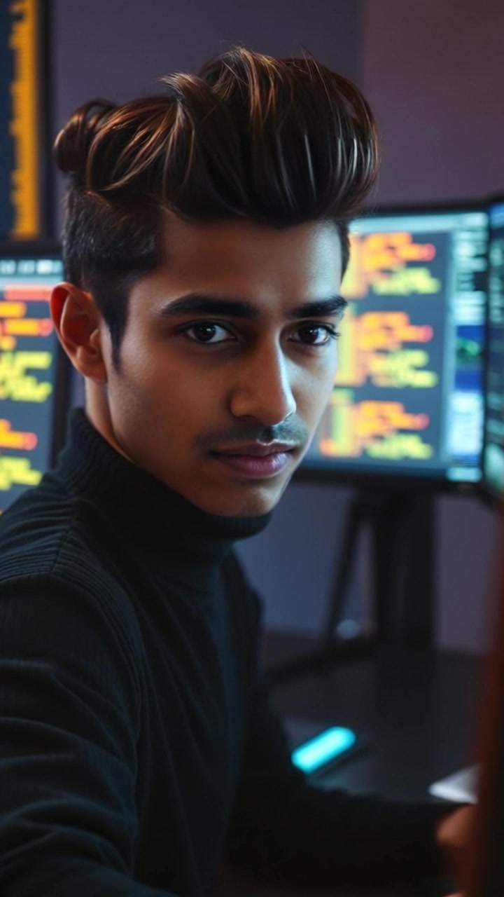 Scene: A focused individual at a modern computer desk, immersed in coding and digital graphics, with multiple screens illuminating the space. Style: Cool, ambient lighting reflecting off the screens, creating a dynamic yet concentrated atmosphere. Motion: The camera gently pushes in to capture the array of screens, providing an engaging perspective of the individual's work environment.