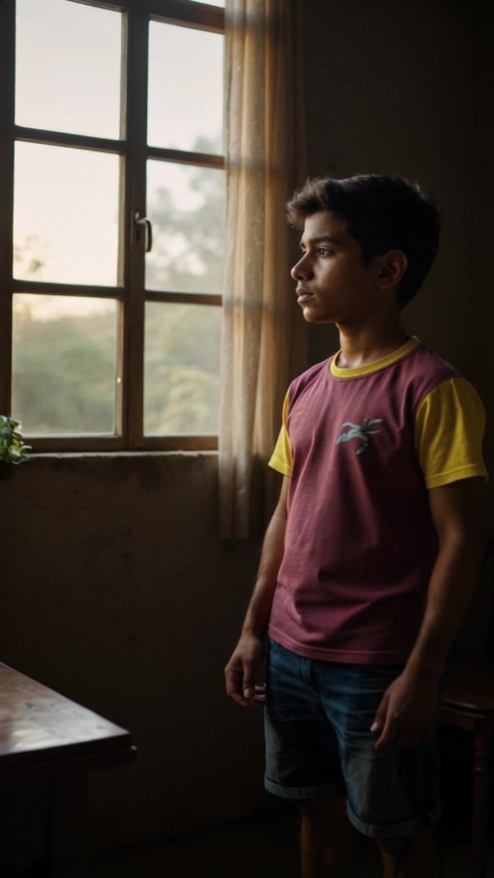 Subject: A person gazing contemplatively out of a sunlit room window. Scene: Bright, airy room filled with warm light, lined with plants and soft furnishings. Lighting: Morning light creates inviting shadows, enhancing the serene atmosphere. Motion: The camera slowly pushes in towards the subject, capturing their reflective expression as sunlight plays across their features, before shifting focus to the view outside.