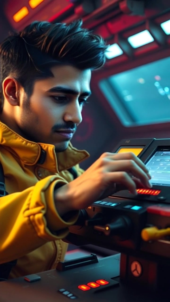 Scene: A close-up of hands adjusting the controls on a sleek, futuristic ship's control panel, illuminated by soft, colored lights. Style: Ambient, cool-toned lighting bathing the panel and hands in a technological glow. Motion: Camera smoothly pulls back from the hands to reveal the entire control panel while maintaining focus on the intricate movements of the fingers.