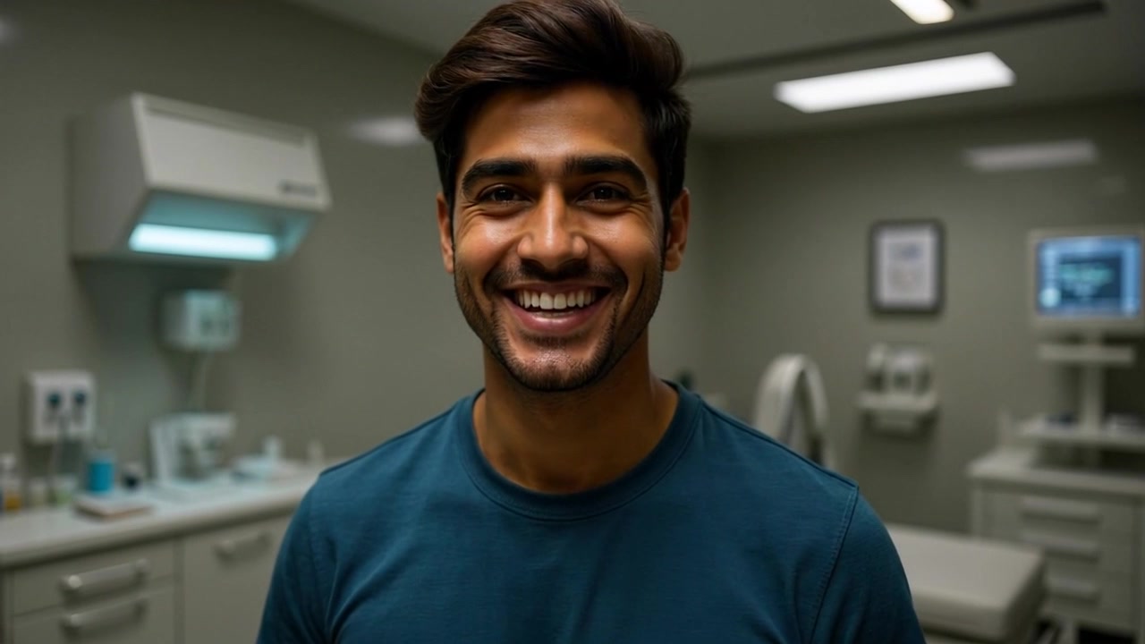 Subject: A young man smiling broadly, radiating warmth amidst a clinical or medical room filled with equipment and cabinets in the background. Subject movement: The young man turns slightly to his left, his smile widening as he engages with an unseen person. Scene: A bright, clinical medical environment with various medical equipment subtly blurred in the background. Style: Clean, ambient lighting emphasizing the freshness of the setting and the subject's expression. Motion: The camera gently pushes in closer to the subject's face, capturing the genuine joy in his smile, while the background gradually softens into a bokeh effect.