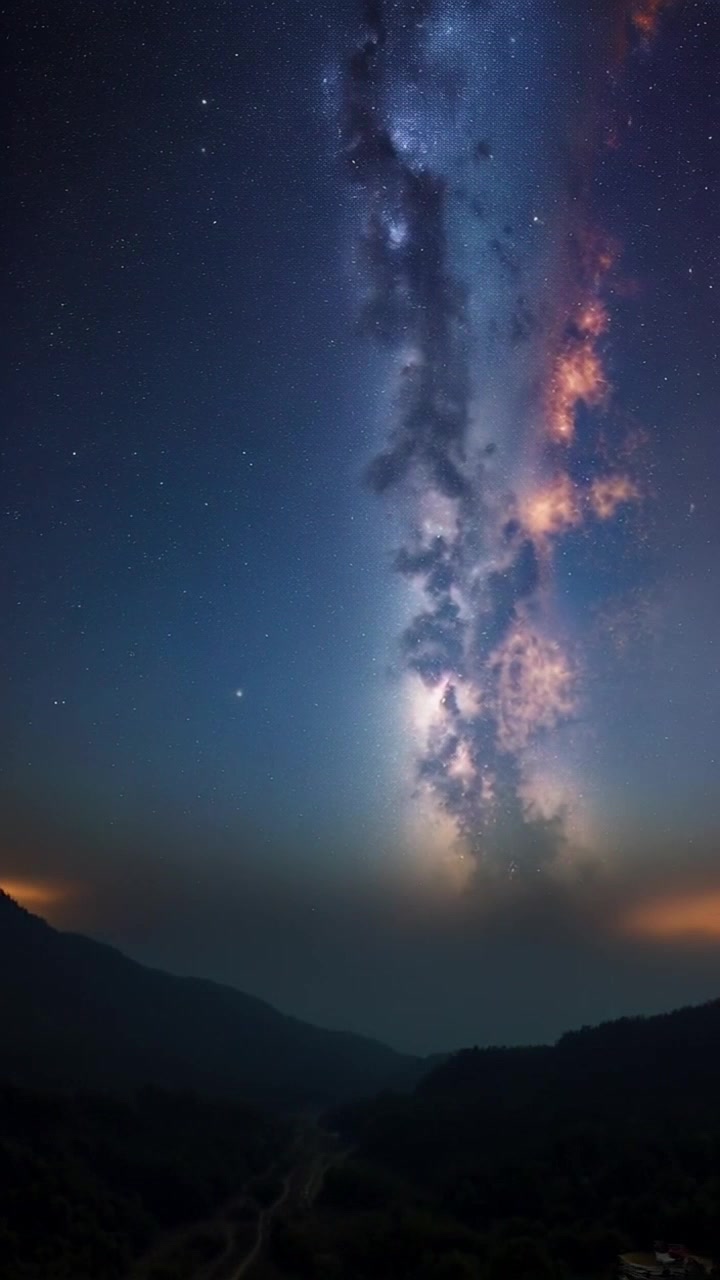 Scene: A vast starry sky over a serene landscape, with gentle hills rolling in the foreground. Style: The glow of countless stars illuminates the landscape in a soft, ethereal light, creating a tranquil atmosphere. Motion: The camera slowly pans up from the hills to the infinite galaxy, showcasing the transition from earth to the cosmos, capturing the brilliance of the night sky.