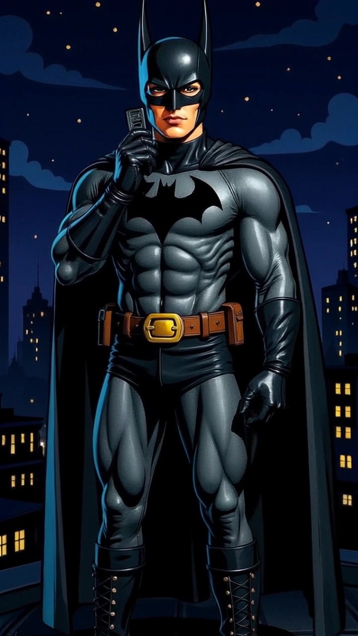 Subject: A muscular figure resembling a superhero stands on a rooftop at night, holding a communication device near his mouth. Subject movement: The figure looks intently into the cityscape, cape fluttering in the wind, as he prepares to speak into the device. Scene: Urban rooftop overlooking a sprawling city skyline, illuminated by the soft glow of streetlights and the twinkling of distant skyscrapers. Style: Dark, moody lighting accentuating the silhouette against the night sky. Motion: Camera slowly zooms in on the figure, capturing the dynamic flutter of the cape, then shifts focus to the glowing communication device as he prepares to speak.