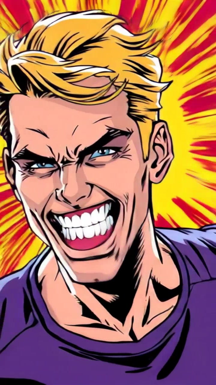 Subject: A figure grinning maniacally. Subject movement: The figure is energetically shifting side to side, as if reveling in the chaotic energy of the scene. Scene: A vibrant portal swirling with colors behind the figure in a fantastical environment. Style: Bright, high-contrast lighting illuminating the scene with an electrifying atmosphere. Motion: Camera performs a dynamic close-up, circling around the figure to capture the menacing grin and the hypnotic movement of the portal.