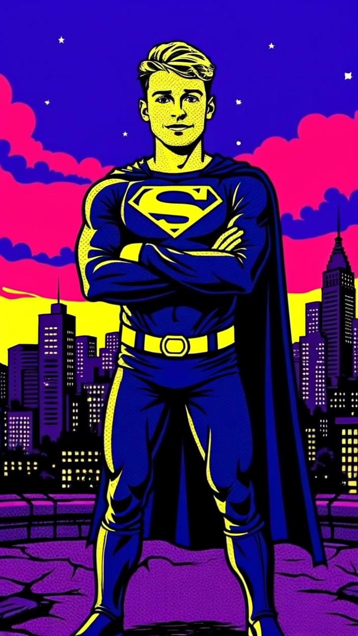 Subject: A determined figure with arms crossed. Scene: In the foreground, Ryan stands resolutely against a backdrop of twinkling city lights at night, his silhouette contrasted by the vibrant hues of the urban landscape. Style: The scene is illuminated by ambient urban light, creating a combination of warm and cool tones, reflecting the lively nightlife of the city. Motion: The camera performs a subtle push-in towards Ryan, emphasizing his expression of determination as the city lights twirl and shimmer in the background.