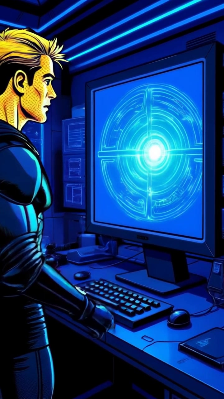 Scene: A close-up of a computer screen in the Batcave, showcasing a pulsating energy anomaly surrounded by high-tech equipment. Style: Dimly lit environment emphasizing green and blue hues, with a futuristic aesthetic. Motion: Camera pushes in on the screen, capturing the rhythmic fluctuations of the anomaly as it illuminates the dark space with an eerie glow, while a soft ambient sound builds tension.