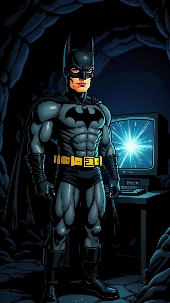 Subject: A muscular, comic-style Batman stands confidently in a dark cave-like setting. Scene: Batman in his iconic black suit and cape, with a bright yellow utility belt, silhouetted against the dim cave walls. Style: Moody lighting enhances the shadows in the cave, while the CRT computer monitor in the background emits a stark starburst glow. Motion: The camera slowly dolly in towards Batman, with a slight upward angle, capturing the intensity of his stance and the glow from the monitor contrasting the darkness around him.