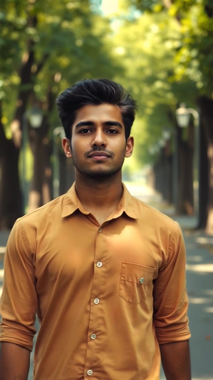 Subject: A person walking along a quiet path. Subject movement: The individual strolls leisurely, taking in the serene surroundings. Scene: A tranquil path lined with lush trees, sunlight filtering through the vibrant green leaves overhead. Style: Soft, dappled sunlight creates a gentle, warm atmosphere. Motion: The camera follows the individual from a medium shot, smoothly gliding alongside them as they walk, capturing the interplay of light and leaf shadows dancing on the ground.