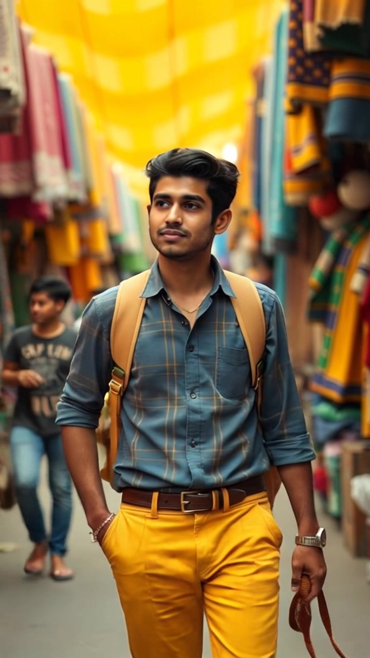 Subject: A confident figure strolling through a vibrant marketplace. Subject movement: Arjun walks with purpose, weaving through shoppers and vibrant displays of colorful fabrics. Scene: A bustling market filled with lively shoppers and an array of textiles in every hue, vibrant decorations hanging overhead. Style: Bright, natural lighting enhances the vivid colors of the fabrics, creating an inviting atmosphere. Motion: The camera follows a smooth tracking shot alongside Arjun, capturing close-ups of the fabrics as they flutter and the animated interactions of the shoppers around.