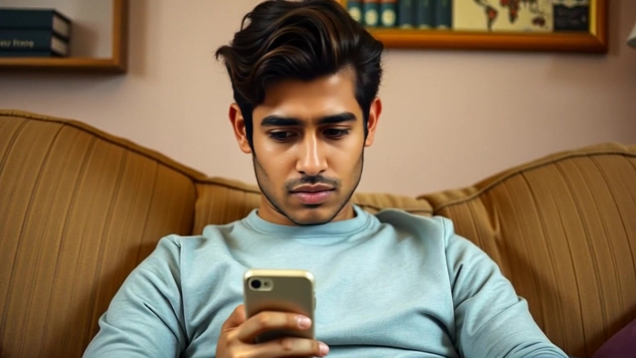 Subject: A young man sitting on a couch, looking worried while holding a smartphone. Subject movement: He shifts slightly on the couch, glancing between the phone screen and the room around him. Scene: Cozy living room setting with warm decorative accents and soft lighting. Style: Ambient lighting creates a calming yet tense atmosphere, emphasizing the subject's anxious demeanor. Motion: The camera slowly zooms in on the man's face, capturing his expressions, before panning slightly to reveal the smartphone's screen, hinting at the source of his concern.