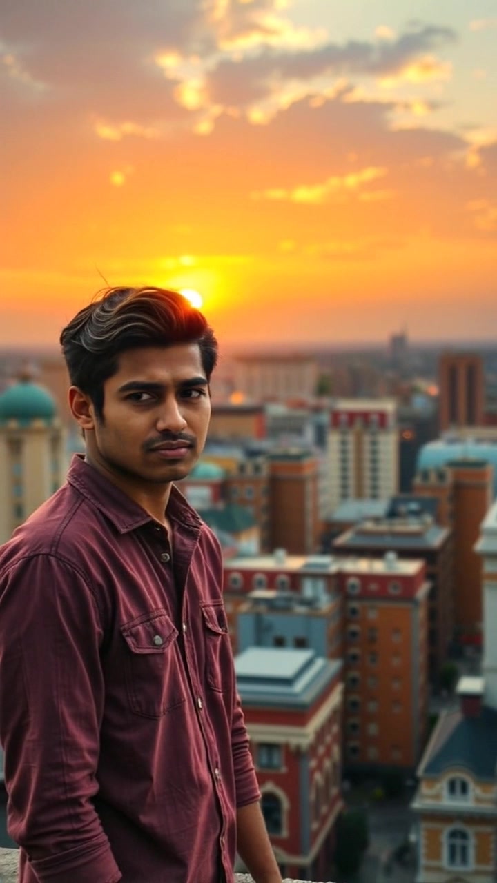 Subject: A person standing on a rooftop at sunset, gazing down at the lively city below with a worried expression. Subject movement: The person remains still but shifts their gaze as they take in the view. Scene: Rooftop overlooking a bustling metropolis during sunset, with vibrant colors painting the sky. Style: Warm, dramatic sunset lighting enhances the ambiance with contrasts between the shadows and the city lights. Motion: Camera begins with a close-up of the person's face, slowly pulling back to reveal the expansive cityscape, capturing the energy of the bustling streets below.