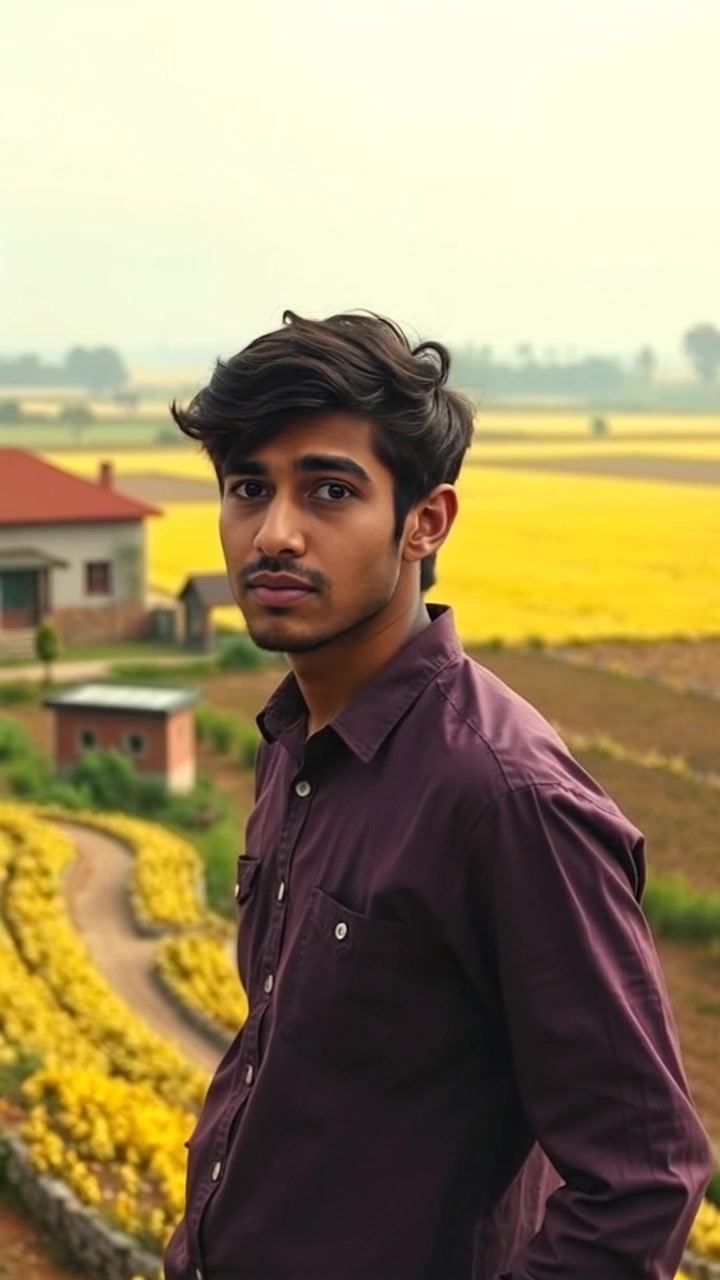 Subject: A young man standing at the edge of a rural village, looking curious. Subject movement: He turns his head from side to side, taking in the expansive fields behind him. Scene: Open landscape of a rural village with lush green fields extending into the distance under a bright sky. Style: Warm, midday light illuminating the vibrant greenery, creating a welcoming ambiance. Motion: Slow push in towards the subject while gently tilting the camera upward, emphasizing the vastness of the fields and the man's inquisitive expression.