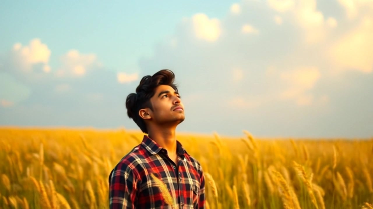 Subject: A determined figure standing in an expansive field. Subject movement: Arjun gazes upward with a firm resolve. Scene: A vast field under a clear blue sky, the gentle swaying of tall grasses around. Style: Bright mid-day lighting creates a vibrant atmosphere, with the sun illuminating the landscape. Motion: The camera begins with a close-up of Arjun's resolute expression before pulling back to reveal the wide field, capturing the emphasis on both his determination and the surrounding nature.