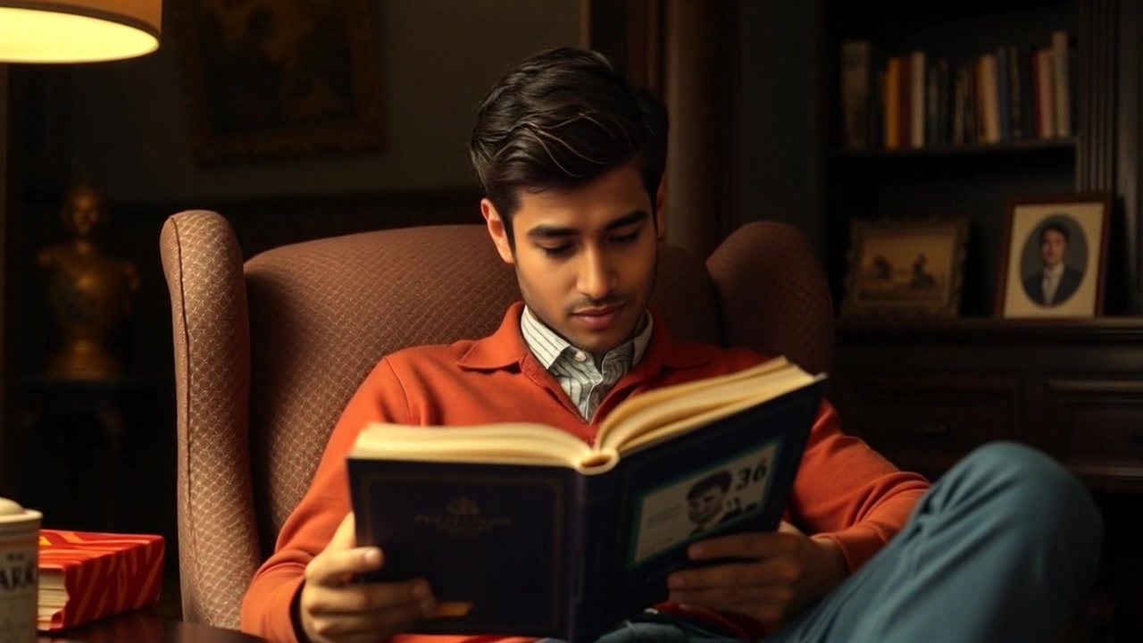 Subject: A person deeply engrossed in reading. Scene: A cozy, dimly lit room with warm, inviting decor and shelves lined with books. Style: Soft, ambient lighting with shadows creating a tranquil atmosphere. Motion: The camera gently pushes in closer to capture the details of the person's expression and the pages of the book, while the soft rustle of the pages turning adds to the serene mood.