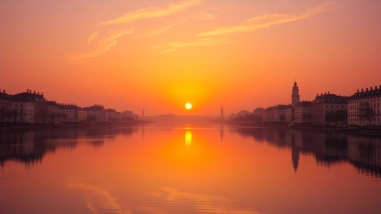 Scene: A serene sunset casting vibrant oranges and purples over a calm lake, the colors beautifully reflected on the water's surface. Style: Ambient lighting enhances the tranquil atmosphere, creating a warm and inviting scene. Motion: The camera begins with a smooth, wide-angle shot that slowly pushes in towards the lake, capturing the delicate ripples of the water as the light shifts and glimmers.