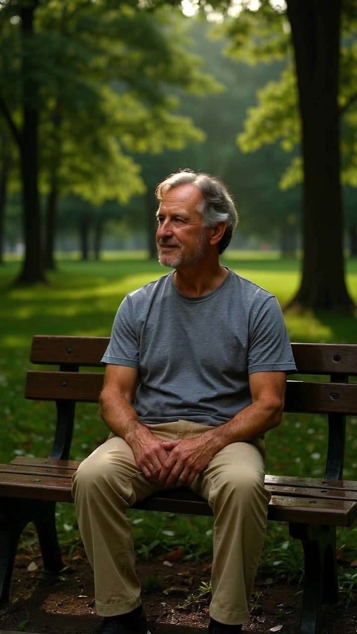 Subject: An older man with gray hair and a beard, wearing a gray t-shirt and beige pants. Subject movement: He turns his head to take in the vibrant park around him, basking in the sun's warmth. Scene: A sunlit park surrounded by lush trees, where the bench is nestled amidst grassy patches. Style: Warm morning light filtering through the treetops, creating dappled shadows on the ground. Motion: The camera starts with a close-up of the man's thoughtful expression, then slowly pulls back to reveal the serene park setting, capturing the gentle sway of the trees.