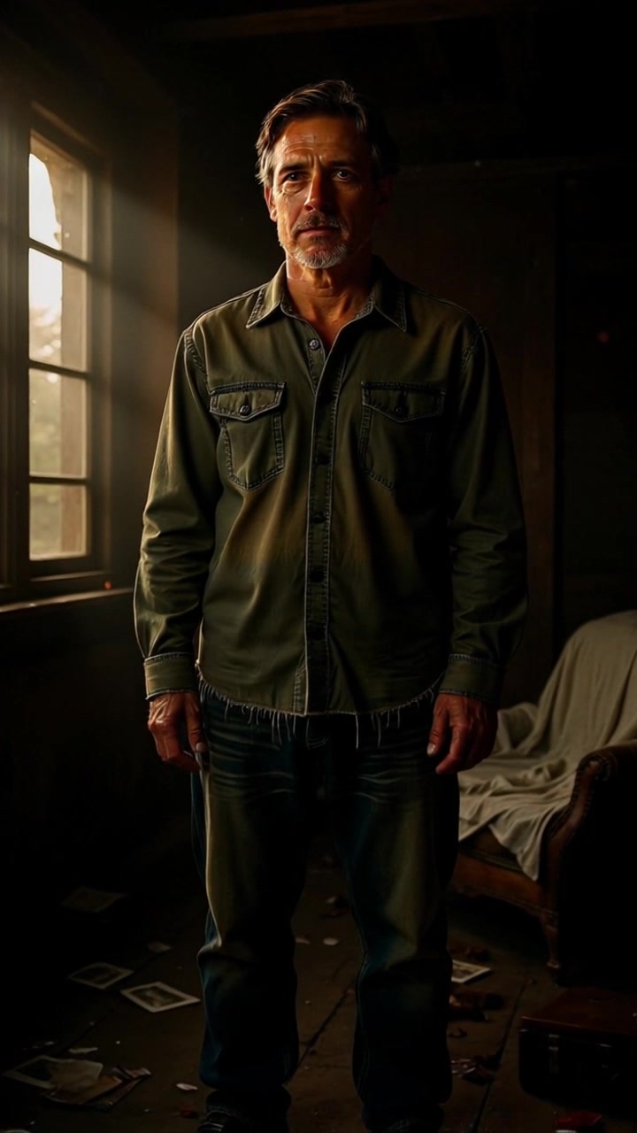 Scene: A middle-aged man stands thoughtfully in a dimly lit room, the soft light streaming in from a window revealing scattered papers on the floor and an old armchair in the background. Style: Warm, inviting light contrasts with the shadows, adding depth to the cluttered environment. Motion: Camera pushes gently in on the man's contemplative expression, capturing the interplay of light and shadow across his features.
