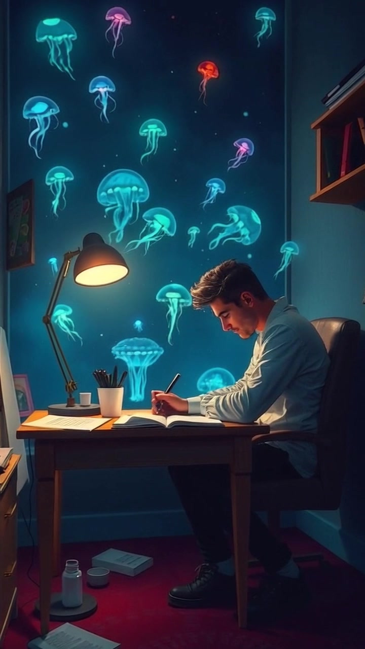 Scene: Amir is studying diligently in a small, dimly lit room filled with scattered papers and books. Style: The lighting is warm and moody, creating an inviting yet focused atmosphere. Motion: The camera slowly pushes in towards Amir, capturing his concentration as he scribbles notes, and glances at an open book, while the shadows dance softly around the cluttered space.