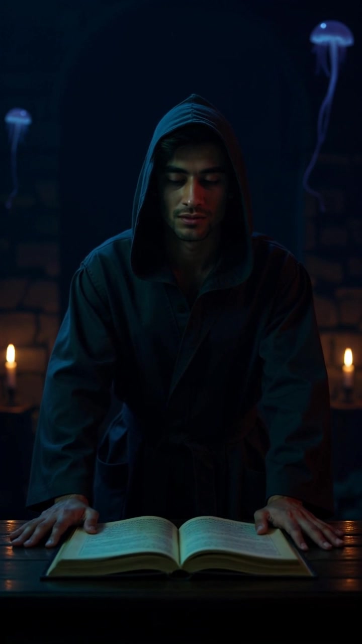 Scene: A dimly lit room featuring The Amir standing alone, lost in thought with an ancient book opened on a table before him. Style: Soft, moody lighting that highlights the intricate details of the book and the deep shadows cast around the room, creating an air of mystery. Motion: The camera slowly pushes in towards the Amir, capturing the contemplative expression on his face as the ambient silence envelops the scene.
