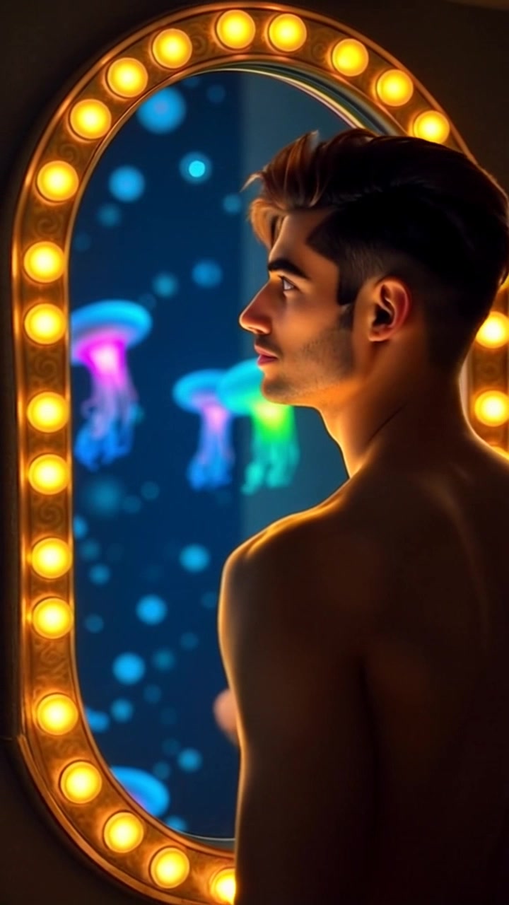 Subject: The Amir standing in front of a mirror. Subject movement: He shifts his gaze and adjusts his facial expression thoughtfully. Scene: An elegantly decorated dressing room with soft lighting and ornate mirrors reflecting plush furnishings. Lighting: Warm, ambient light enhancing the cozy atmosphere. Motion: The camera starts with a close-up on the Amir's face, slowly pulling back to reveal more of the dressing room setting while capturing his introspective moment.