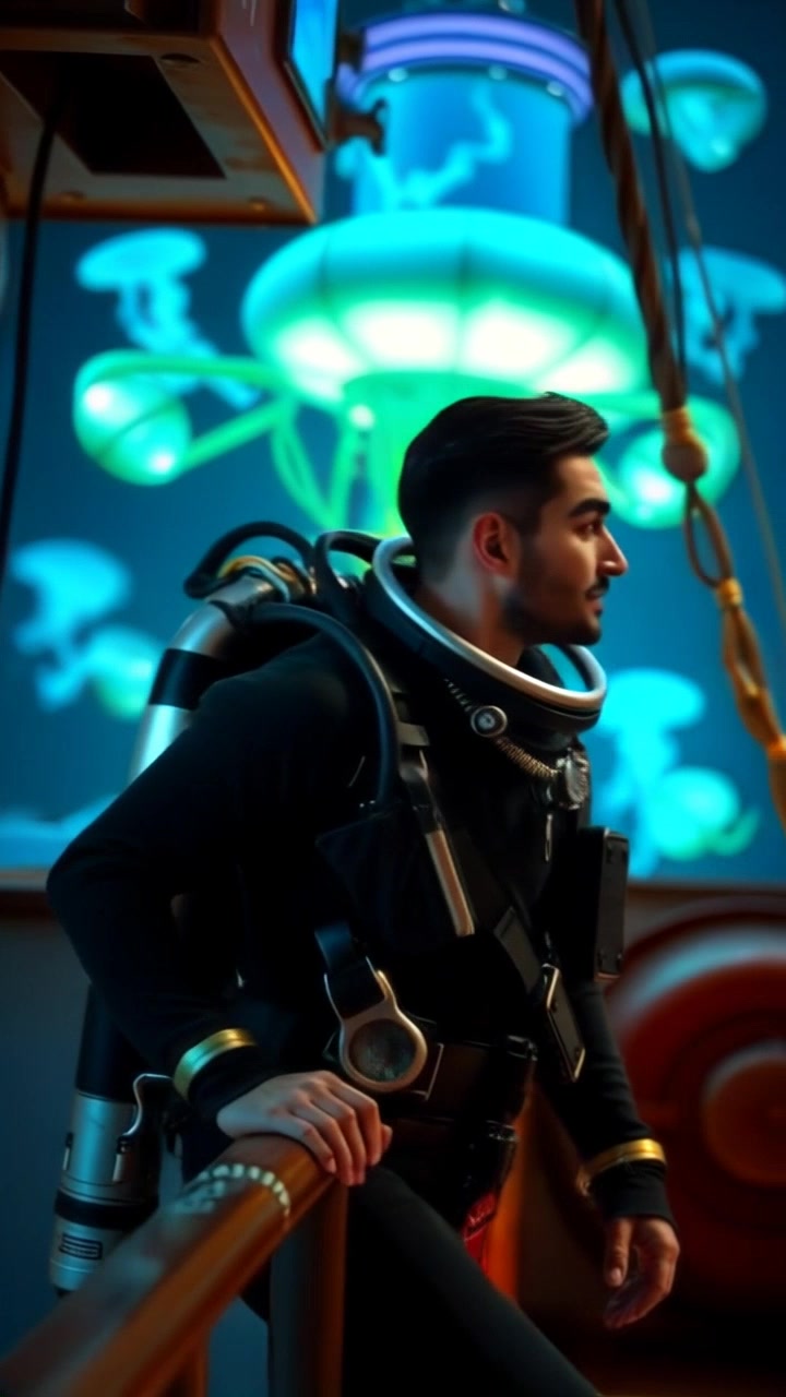 Subject: A diver in a diving suit preparing to leap into the ocean. Subject movement: The diver takes a deep breath, stepping confidently to the edge of the ship's deck before jumping into the water below. Scene: The deck of a ship on a bright sunny day, with the deep blue ocean stretching out into the horizon. Style: Morning light radiating off the water, creating a sparkling effect. Motion: Camera pans smoothly along the ship's edge, following the diver’s graceful jump as he splashes into the waves.
