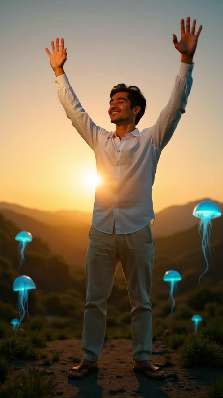 Subject: A young man in a white shirt and beige pants, arms raised in exuberance. Subject movement: The man sways gently, absorbed in the surreal environment. Scene: Sunset in a mountainous area, illuminated by an ethereal glow from jellyfish floating nearby. Style: Warm, golden sunset light casting a magical atmosphere, with rich contrasts between shadows and highlights. Motion: The camera slowly circles around the man, capturing his joy as the jellyfish dance around him, their radiant colors glowing against the twilight backdrop.
