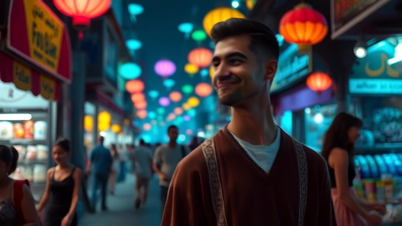 Subject: An amiable individual strolling through a lively marketplace. Subject movement: The individual walks confidently, exchanging warm smiles and greetings with passersby. Scene: A vibrant marketplace bustling with diverse vendors and customers, colorful stalls overflowing with goods, and lively interactions. Style: Bright, cheerful lighting captures the joyous atmosphere of the market. Motion: The camera follows closely in a smooth, handheld tracking shot, weaving through the crowd to showcase the dynamic interactions and rich details of the environment.
