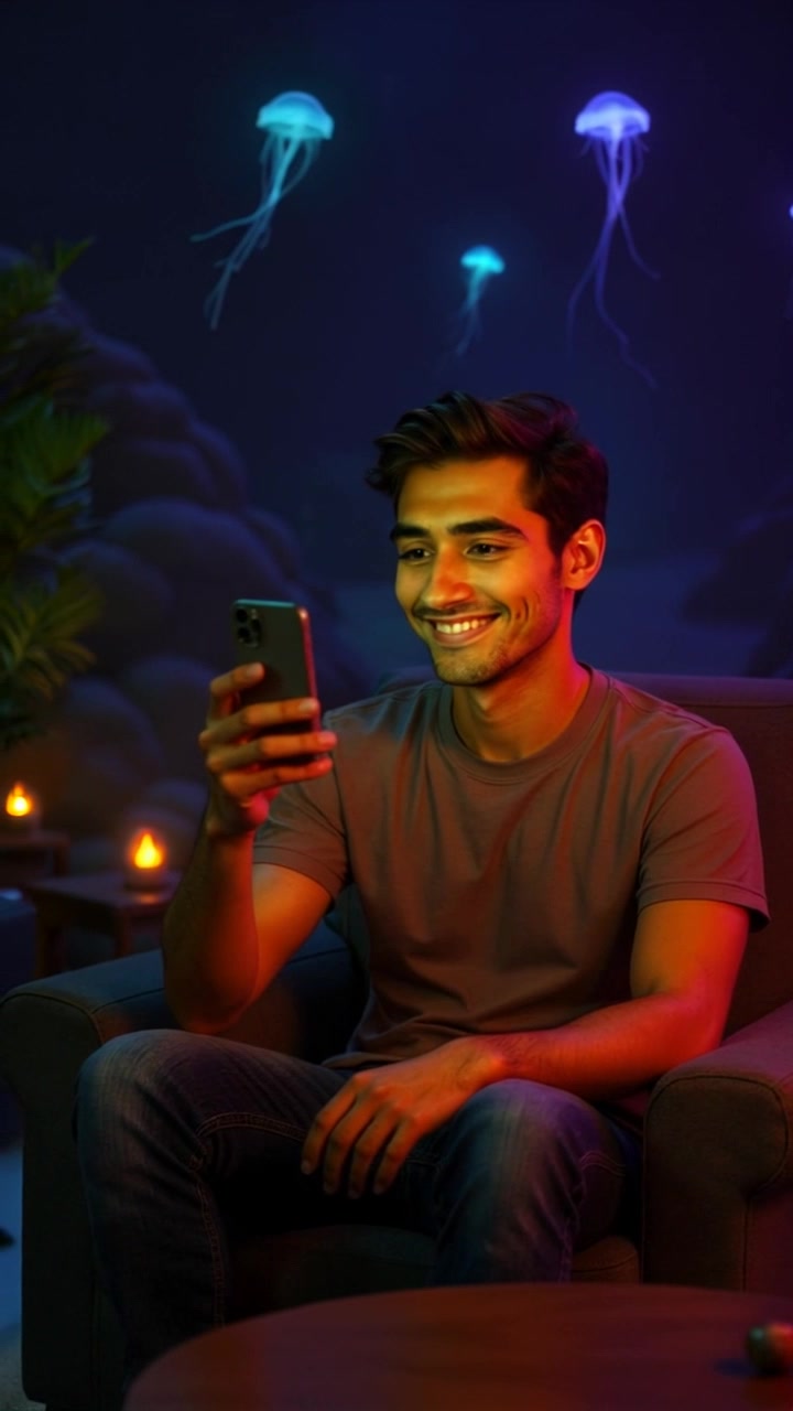 Subject: A young man sitting on a cozy couch in a vibrant living room, engaged with his phone and smiling softly. Scene: Modern living room with colorful decor, plants, and a warmly lit ambiance. Motion: Begin with a close-up on the young man's face, then gently pan out to reveal the inviting setting around him while he glances at his phone, creating an intimate yet dynamic viewpoint.