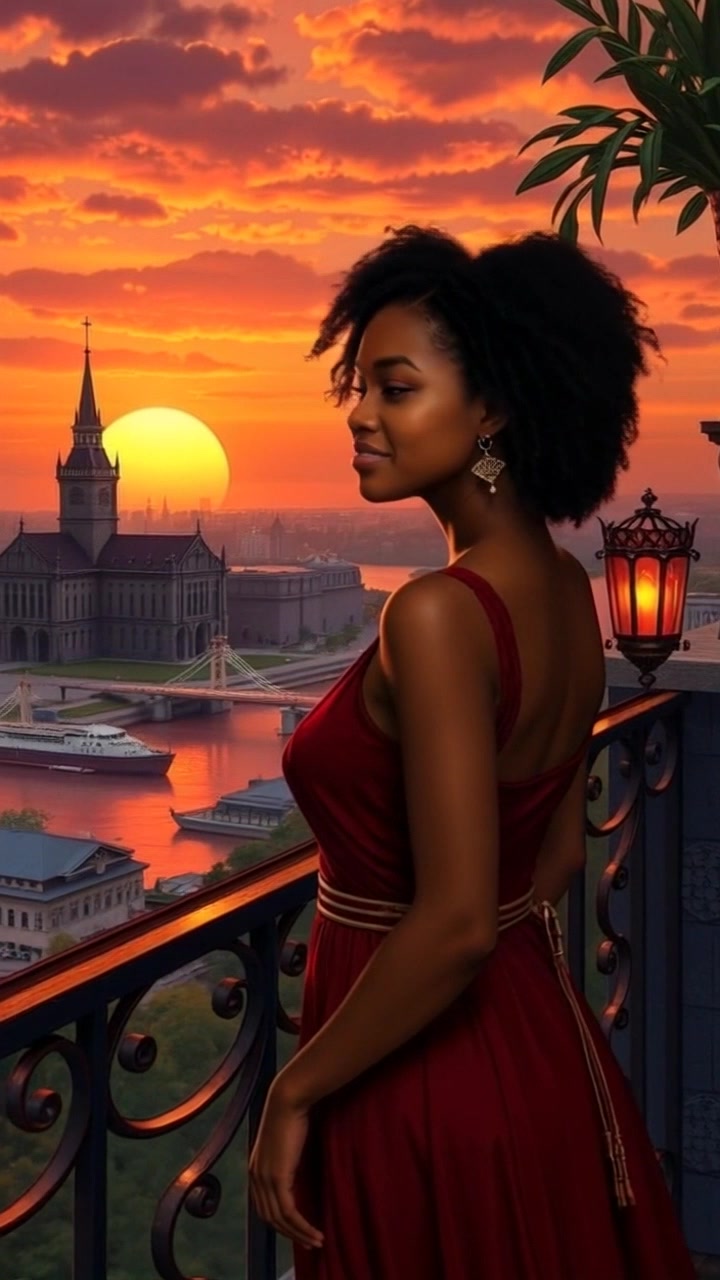 Subject: A woman named Nia on a balcony. Subject movement: Nia gazes thoughtfully over the city skyline, her hair gently swaying in the evening breeze. Scene: A high-rise balcony overlooking a sprawling cityscape bathed in the warm hues of sunset. Style: Soft, golden light illuminating the buildings, creating a serene and inviting atmosphere. Motion: The camera slowly pushes in from a wide shot, focusing on Nia's satisfied expression as the sun dips below the horizon, enhancing the tranquility of the moment.