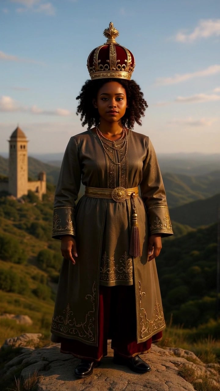 Subject: A young Black woman stands proudly on a rock, wearing an ornate long coat with gold embroidery and a large, elaborate gold and red crown. Subject movement: Her coat billows gently in the sunset breeze, accentuating her regal stance. Scene: Surrounded by rolling hills and a tall tower, the backdrop is bathed in warm, golden light as the sun sets. Motion: The camera begins with a close-up of her crown, then gracefully pulls back to reveal the majestic landscape and her commanding presence. Lighting: The scene is illuminated by sunset, creating a magical, warm atmosphere with soft shadows, while the clouds catch brilliant hues of orange and pink.