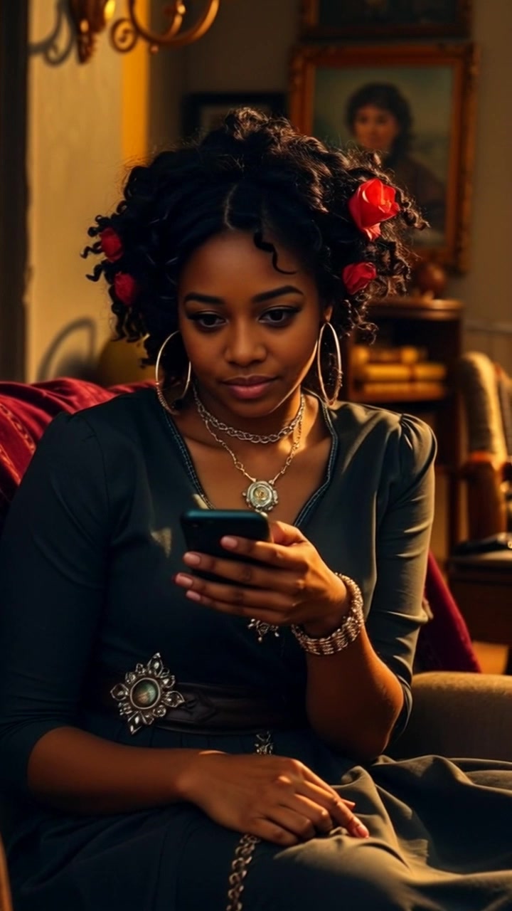 Subject: A young woman seated on a couch, engrossed in her phone. Subject movement: She shifts her gaze back and forth between the screen and the surrounding room. Scene: Cozy living room with soft furnishings and warm decor, illuminated by ambient light. Motion: The camera smoothly dolly in from a wide shot, gradually focusing on her concentrated expression while maintaining a warm and inviting atmosphere.