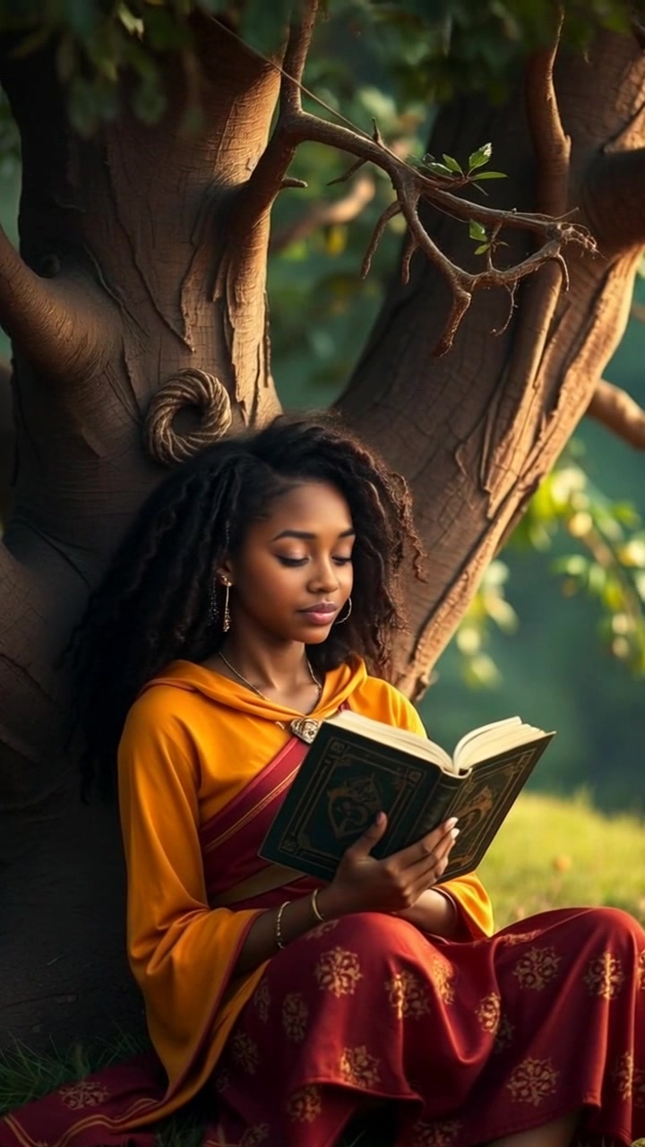 Subject: A young woman sitting peacefully under a large tree, absorbed in a book. Subject movement: She occasionally shifts her gaze to the branches swaying gently above. Scene: A tranquil park setting with dappled sunlight filtering through foliage, casting playful shadows on the grass. Style: Soft, warm daylight enhances the peaceful ambiance. Motion: The camera performs a slow, gentle push-in, focusing on her serene expression while capturing the rustling leaves overhead.