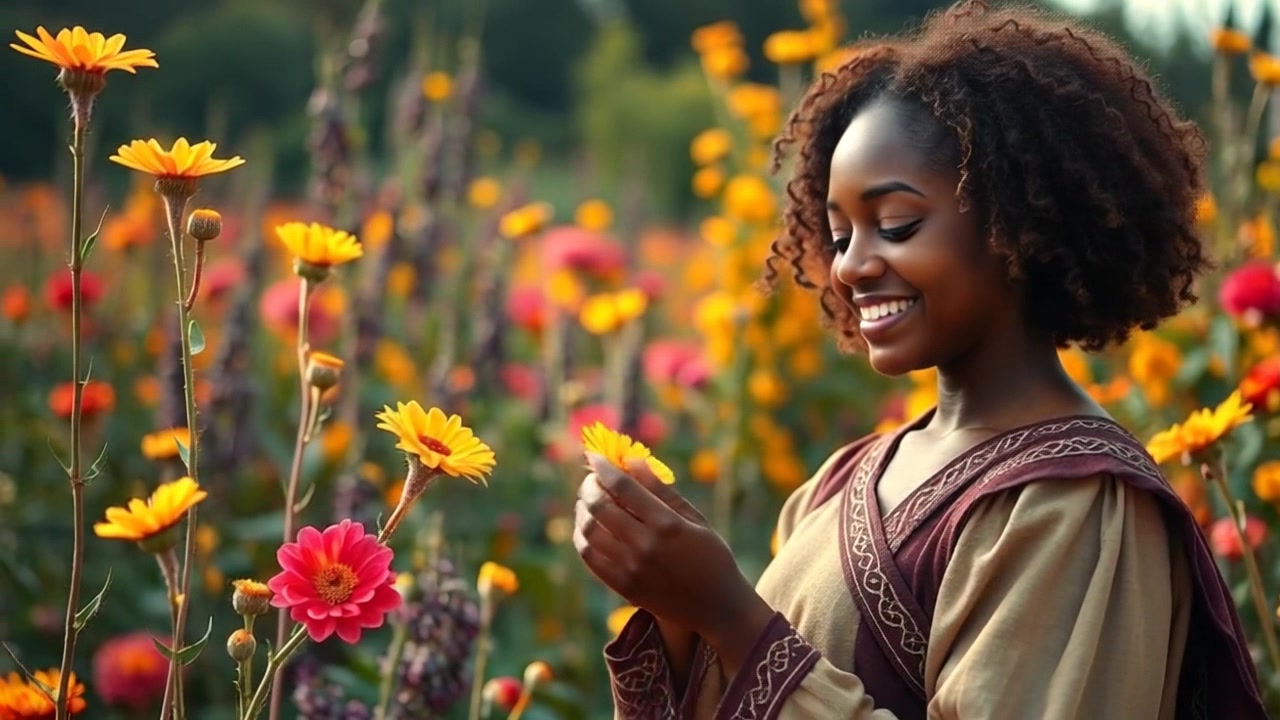 Subject: A young woman named Nia. Subject movement: Nia smiles brightly as she gently plucks a flower from a vibrant garden in full bloom. Scene: A colorful flower-filled garden buzzing with life, showcasing a variety of blossoms and lush greenery. Style: Soft, warm sunlight enhances the cheerful atmosphere, creating a serene and inviting backdrop. Motion: Camera dynamically pans around her, capturing her joyful interaction with the flowers, while a gentle breeze animates the surrounding petals.