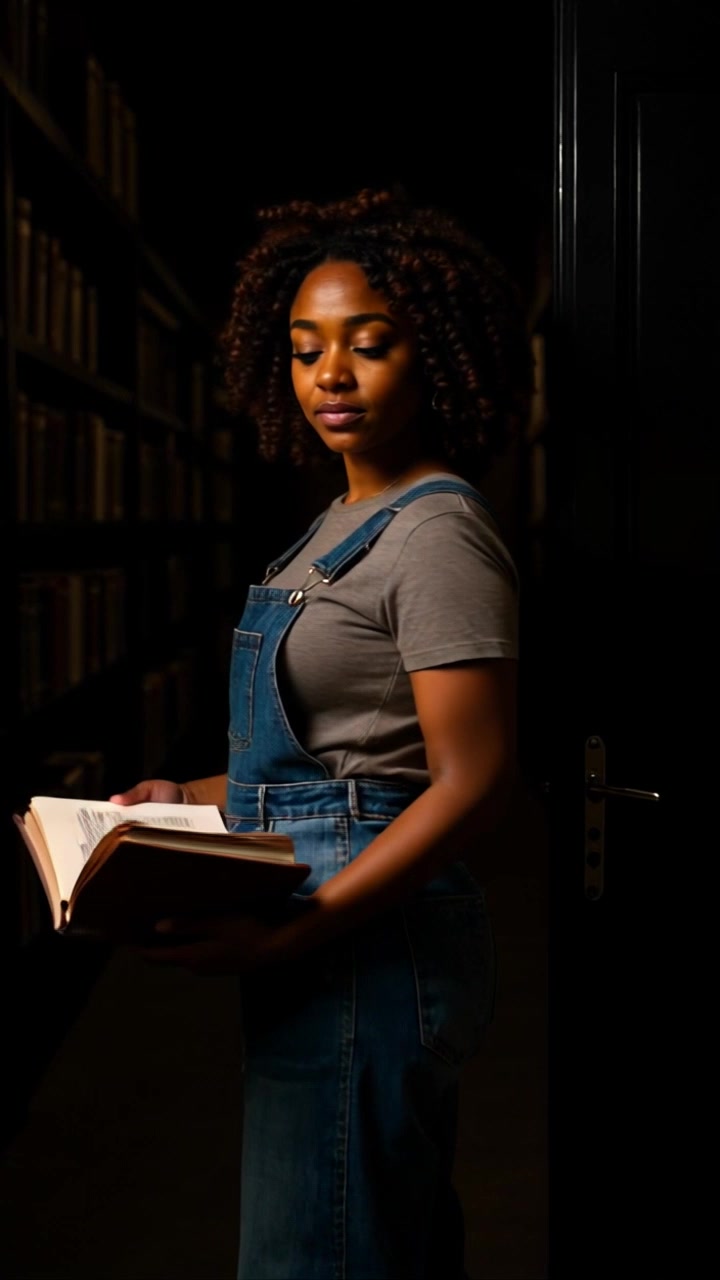 Subject: A young woman with curly hair in a gray t-shirt and denim overalls. Subject movement: She shifts her gaze calmly towards the camera while gently flipping through the pages of a book. Scene: Dimly lit library aisle lined with shelves filled with books, casting soft shadows. Style: Warm, inviting lighting that creates a cozy atmosphere, enhancing the rich textures of the wood and books. Motion: The camera slowly pushes in to create a sense of intimacy, framing the woman as she engages with the book, while soft bokeh highlights the surroundings.
