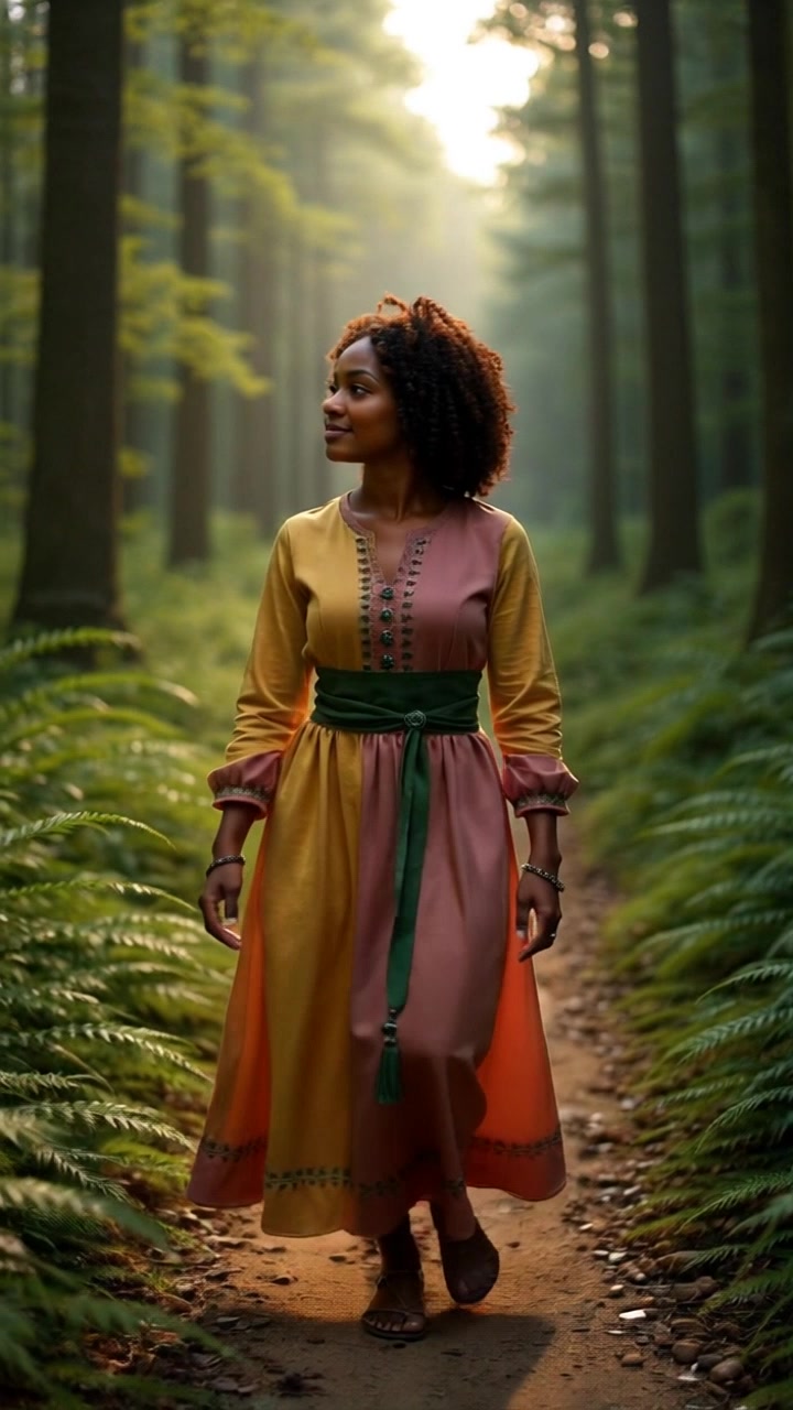 Subject: Nia walking along a forest path. Subject movement: Nia strolls leisurely, her footsteps crunching softly on the leaf-strewn path. Scene: A tranquil forest path surrounded by towering trees, with dappled sunlight filtering through the canopy, creating a mosaic of light and shadow on the forest floor. Camera: Handheld camera tracking shot that follows Nia as she walks, weaving gently to capture the enchanting play of light and the lush greenery. Lighting: Soft, dappled sunlight enhances the warm ambiance, creating a serene, inviting atmosphere.