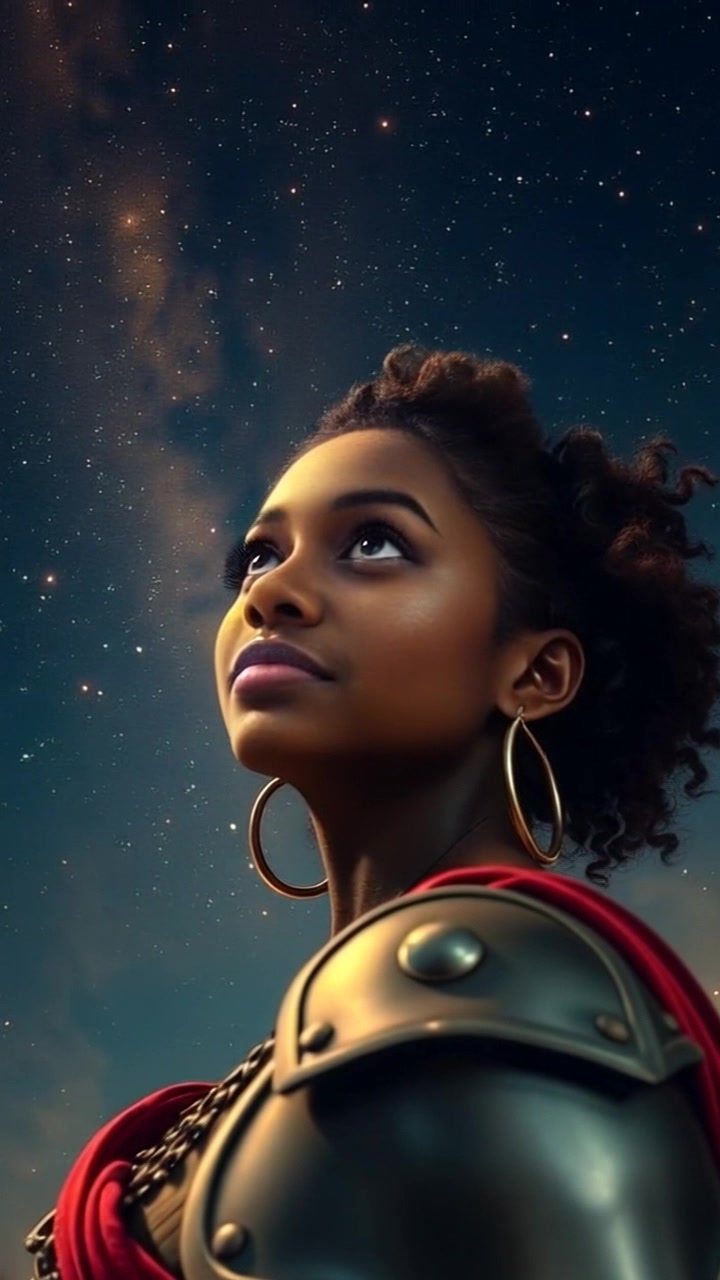 Subject: A girl gazing up hopefully at a star-filled night sky. Subject movement: She remains still, filled with wonder, her expression illuminated by the twinkling stars above. Scene: A serene nighttime landscape, with a vast open sky crowded with stars, and soft rolling hills in the foreground. Style: Cool, clear night light casting a gentle glow, enhancing the sparkling stars. Motion: Camera slowly pans upwards, revealing more of the starry sky, while zooming in on the girl's face to capture her hopeful expression against the magnificent backdrop.