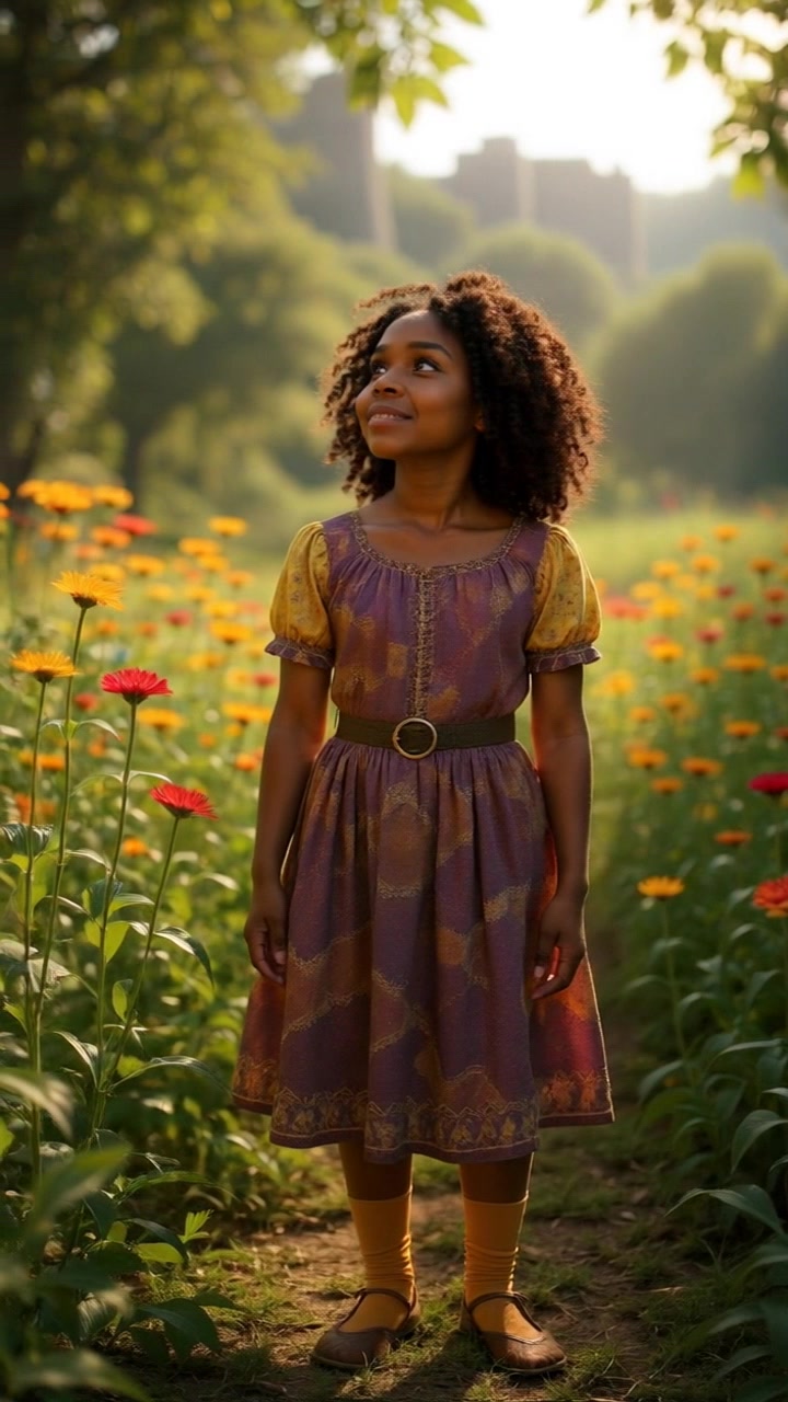Subject: A curious young woman standing amidst vibrant, blooming plants, her eyes filled with wonder as she gazes around. Subject movement: She gently spins on her heels, taking in the beauty of the surroundings. Scene: A lush garden teeming with colorful flowers and greenery, bathed in soft, dappled sunlight filtering through the leaves. Style: Warm, inviting light creating a serene atmosphere. Motion: The camera slowly glides around her, capturing her expressions of awe, while the camera's focus shifts between her joyful face and the vivid blossoms around her.