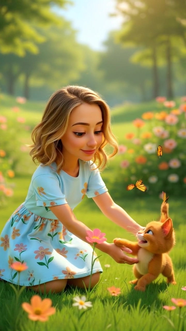 A Little Girl's Joyful Playtime with a Cat in the Garden