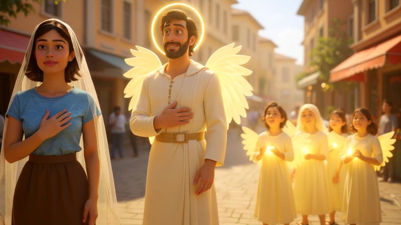 Subject: A group of uplifting figures, including a young woman in a blue top and veil, and a man with glowing angel wings and a halo. Subject movement: The group stands serenely, with hands on their chests, as four girls with angel wings sing joyfully. Scene: A sunny street scene filled with warmth, light, and positivity. Style: Bright, sunlight filtering through the trees, creating an inviting and joyous atmosphere. Motion: The camera gently pushes in to capture the harmonious scene, pausing on the expressions of the performers and the vibrant light surrounding them.