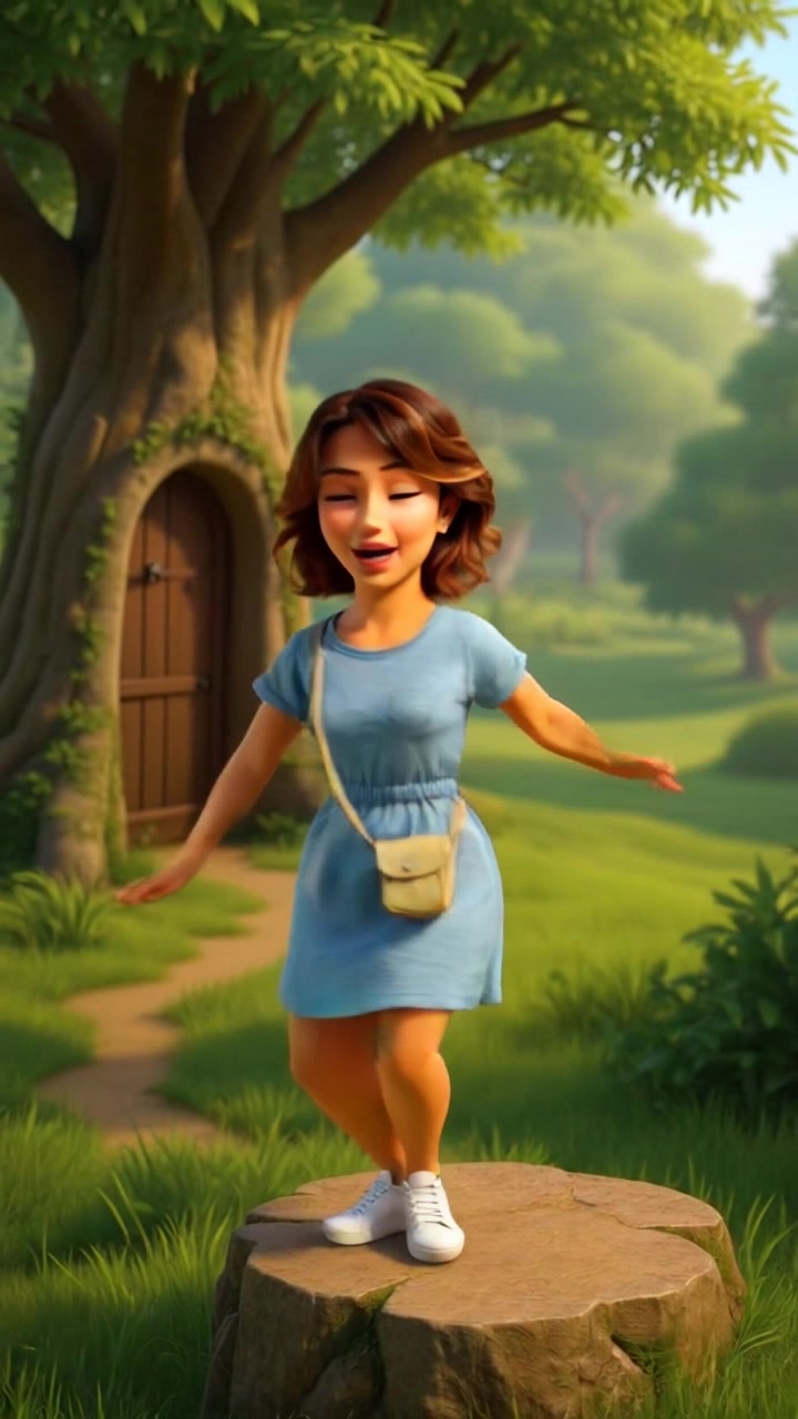 Subject: A young animated woman with shoulder-length wavy brown hair wearing a blue dress and white sneakers. Subject movement: She steps playfully from the stone slab into the lush greenery surrounding a large tree, a small wooden door at its base. Scene: A vibrant outdoor setting filled with rich green foliage and dappled sunlight filtering through the tree branches. Style: Soft, morning light enhances the colors of the scene, creating an inviting atmosphere. Motion: The camera gradually zooms in on the woman as she moves with a lighthearted dance, the camera gently tracking her movements through the enchanting forest.