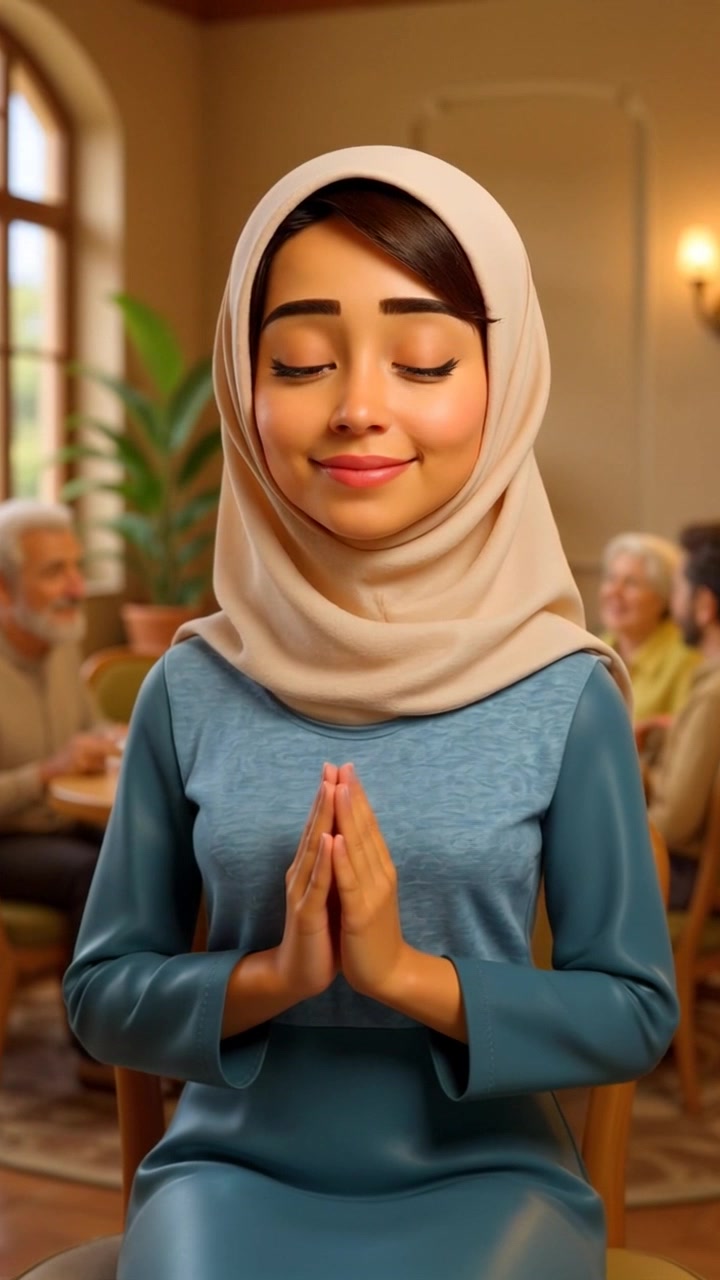 Subject: A young woman dressed in a beige hijab and blue dress, sitting serenely with her eyes closed and hands pressed together in peaceful contemplation. Scene: A cozy room softly lit, with an elderly group engaged in cheerful conversation in the background. Motion: The camera gradually zooms in on the young woman's tranquil face, highlighting her calm expression, while soft background chatter adds to the warm atmosphere. Lighting: Soft, ambient light enhances the cozy feel, casting gentle shadows and creating an inviting mood.