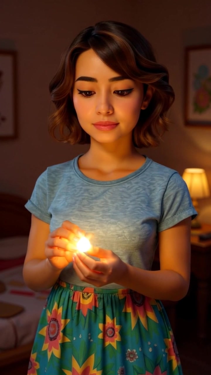Subject: A young woman gently holding a glowing light in her hands. Subject movement: She stands still, absorbing the warmth of the light. Scene: A warmly lit bedroom with a bed and a lamp softly glowing in the background. Style: Ambient, soft lighting that creates an inviting atmosphere. Motion: Camera slowly pushes in towards her, capturing the serene expression on her face as the light radiates, illuminating her surroundings softly.