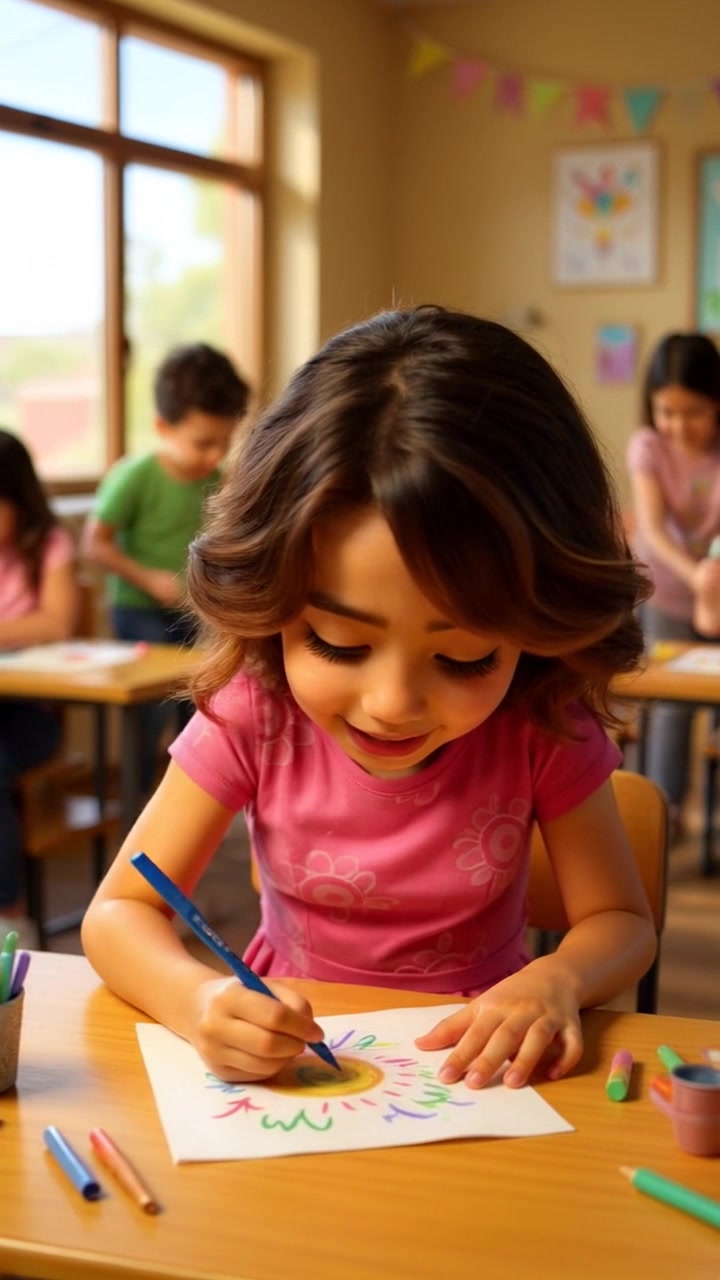 Subject: A young girl with brown wavy hair and big eyes, wearing a pink dress, happily drawing a colorful sun at her desk. Subject movement: She leans forward with excitement, her pencil dancing across the paper as she adds details to her drawing. Scene: A vibrant classroom filled with colorful decorations and other engaged children. Style: Bright, natural lighting filtering through windows, creating a cheerful atmosphere. Motion: The camera gently dollies in from a wide shot of the classroom, focusing on the girl's expressive face and her artwork, capturing her joy as she draws.