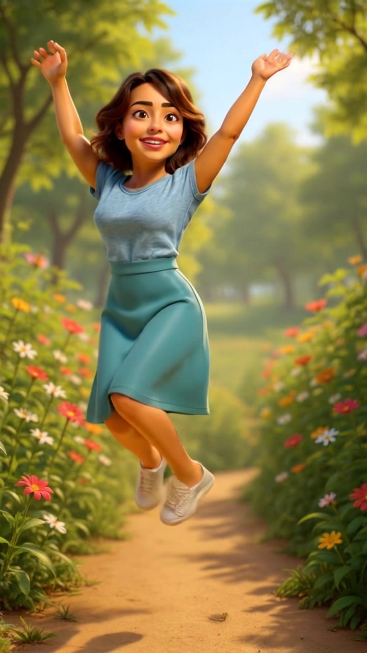 Subject: A joyful young woman with short brown hair in mid-jump, arms raised in excitement. Scene: A vibrant flower-lined woodland path, lush greenery surrounding her, creating a sense of liveliness. Style: Soft, warm lighting filtering through the trees, enhancing the colorful flowers along the path. Motion: Camera starts with a close-up on her beaming face and then pulls back smoothly while tracking her jump, capturing the joyful atmosphere of the serene woodland.